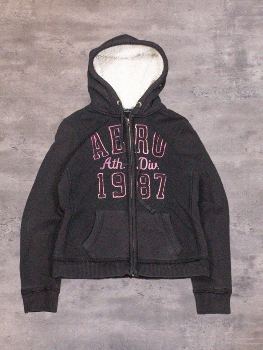 00's Aeropostal Fur Waffle Lined  Sherpa Lined‎ Zip Up Mallcore Black Zip Hoodie